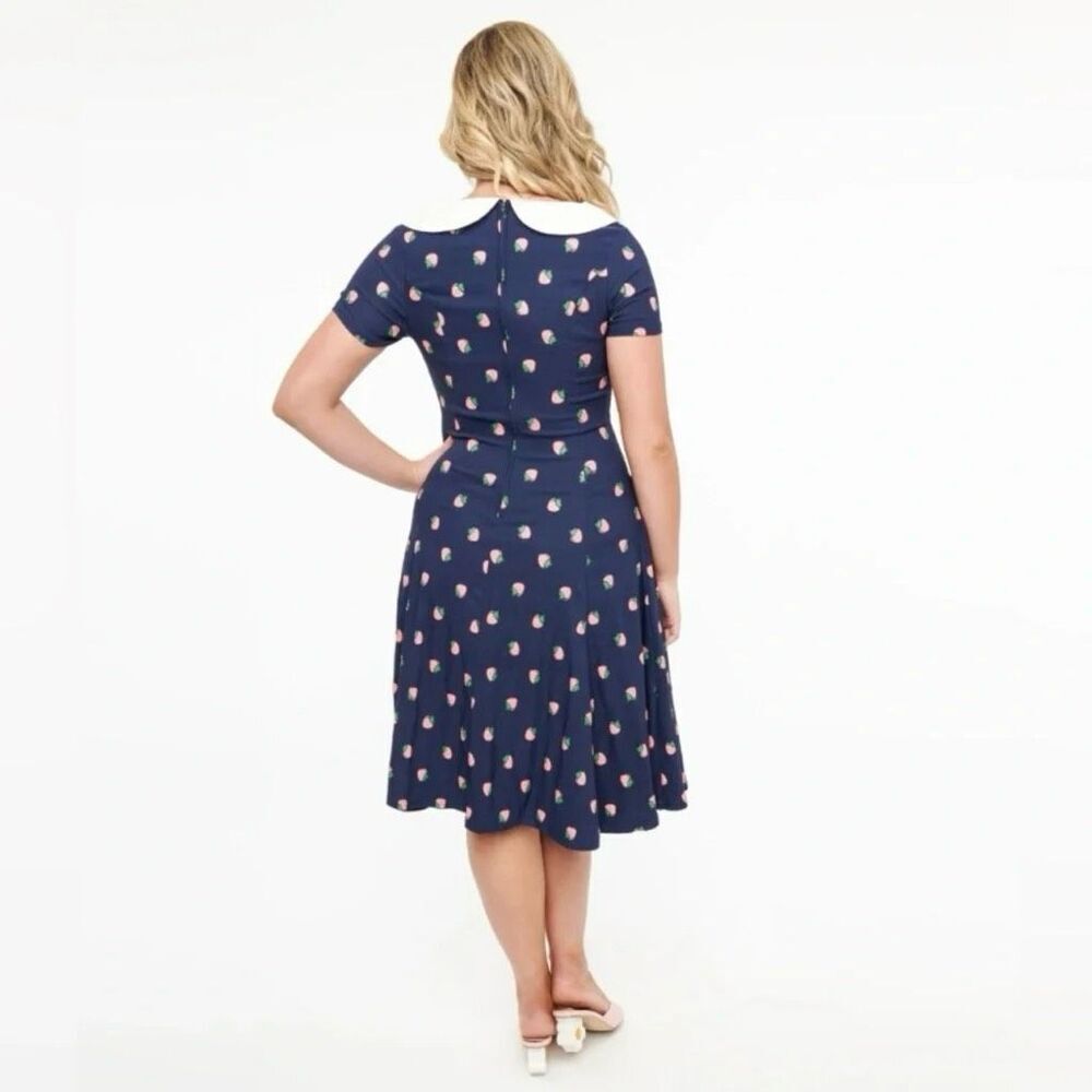 Unique Vintage Retro Inspired 50’s Navy Strawberry Fit & Flare Dress S - Picture 14 of 14